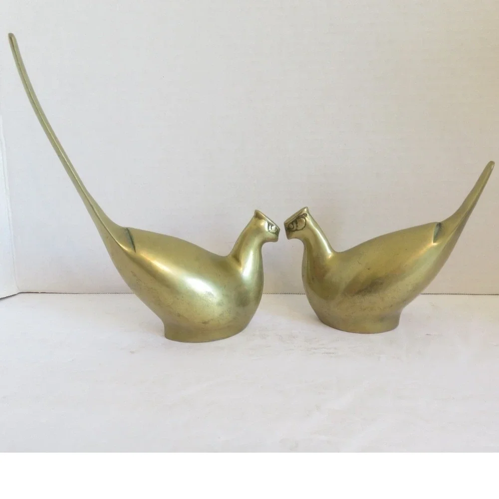 Vintage MCM Pair of Brass Birds Long Tail Pheasant‎ Figurine Set